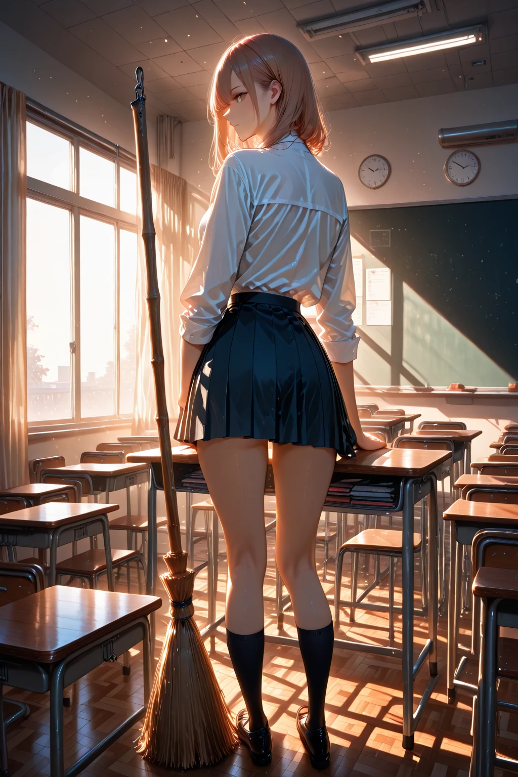 masterpiece, best quality, (photorealistic:1.4), from behind, ass, classroom, a photo of a beautiful woman, black hair, wavy hair hairstyle, skinny, school uniform, accentuated buttocks, raised skirt, thongs
