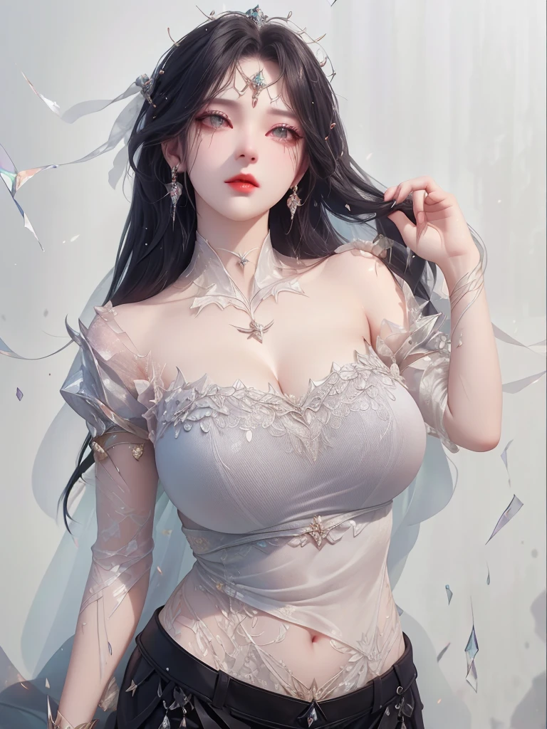 Top image quality、Raw photography、A high resolution、20-year-old cool Korean、big round chest、sexy white lace underwear、Beautiful Eyes of Details、very elongated eyes、Beautiful eyelashes、Beautiful double eyelids、eyeshadows、long legs,medium thighs, beautiful eyes finely detailed、elongated eyes、long eyeslashes、Beautiful double eyelids、eyeshadows、earrings、shiny skin、 1 girl, solo, sexy pose,