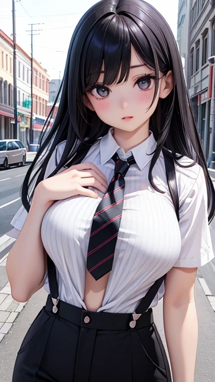Photorealistic, high resolution, A Japanese Nurse named Jade, Solo, Hips up, view the viewer, (Detailed face), Black hair, Long hair, Nurse outfit, black Panties, Stockings. Fully clothed