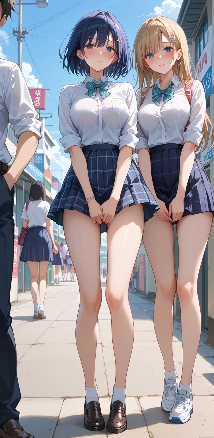 Three elementary school students stand and show their underwear under their skirts、Rear view、head out of frame, lower body,