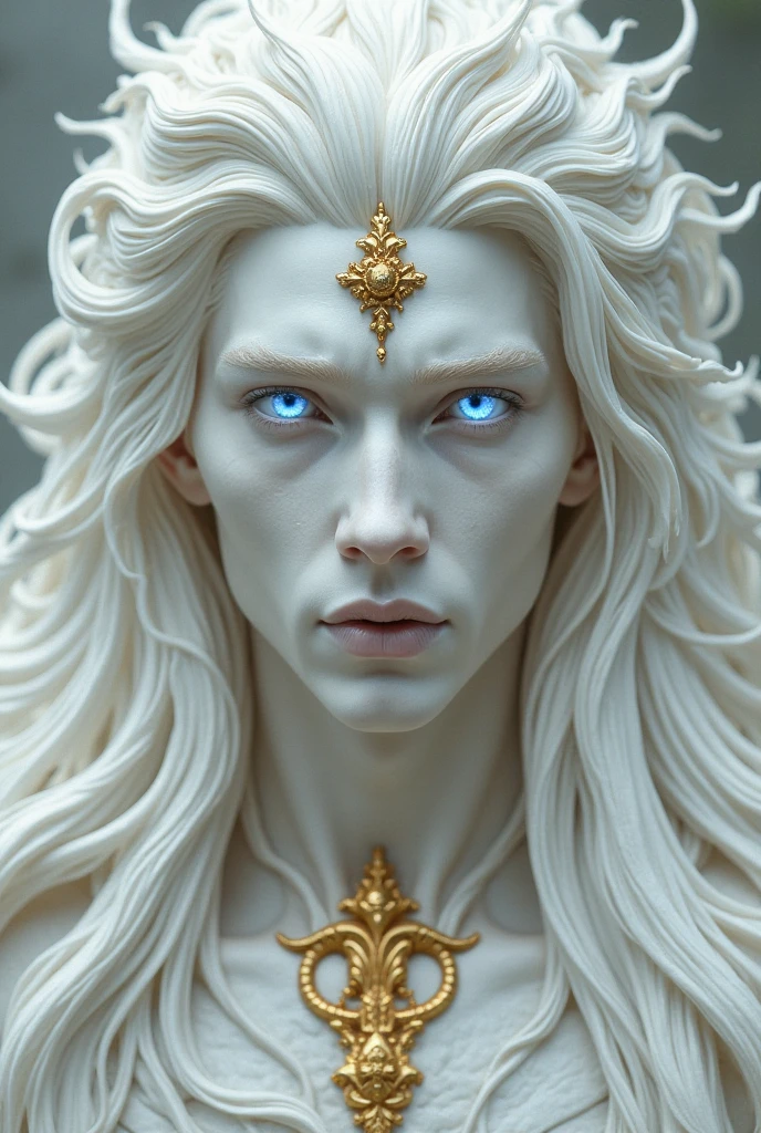 A divine being (a god) who is an abrogenero with a very handsome angelic appearance who has albinism, count several gold plated accessories and has a white band covering his eyes, is a mythological being that has a white aura, his learning exudes peace