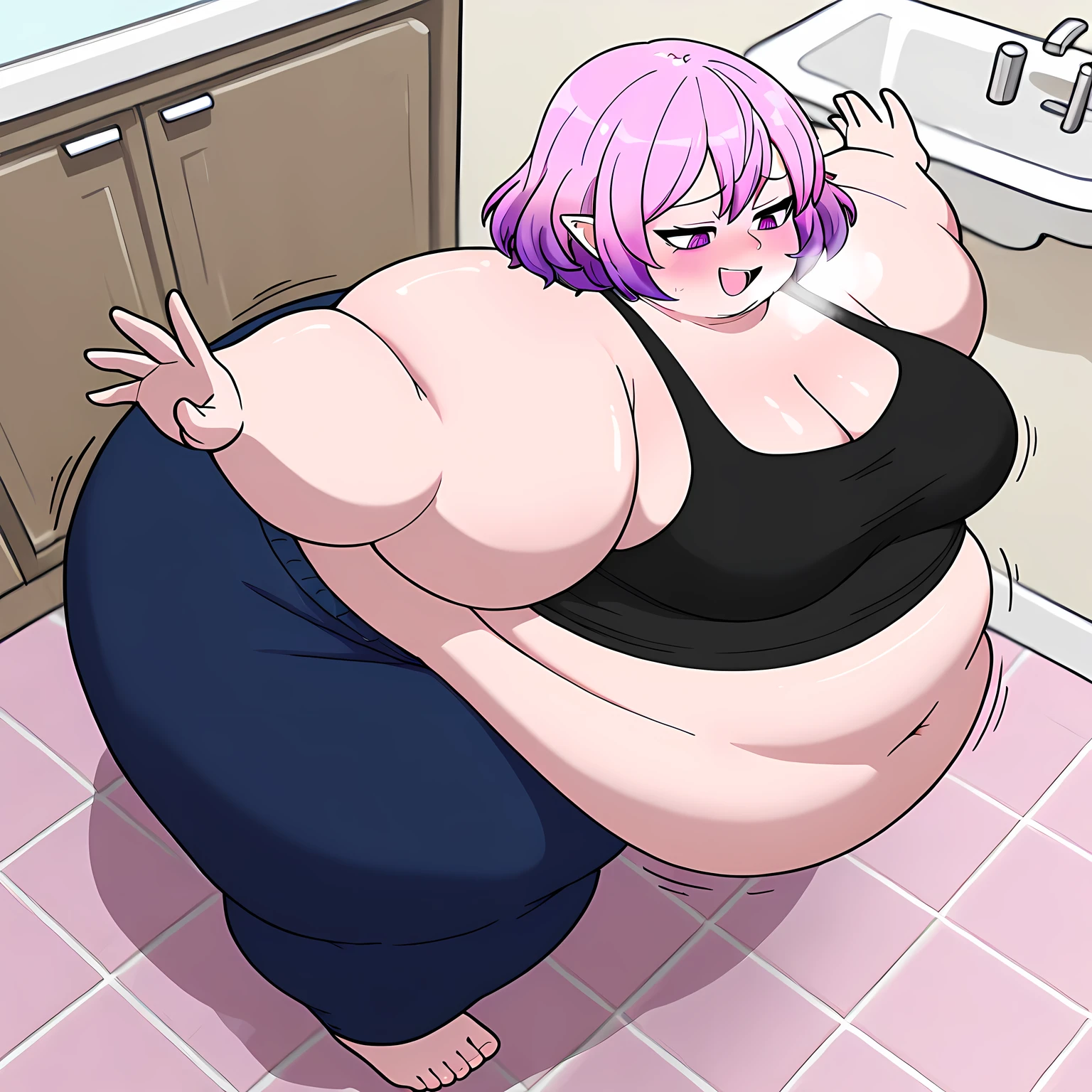 guy, male, man, ((white floor length hair)):1.2, pinks eyes, black and Pink clothes, (White shorts), (punk clothing), ((cakes)), ((Large , round Belly)),(( immobile)) , ((hyper Hips)),(( massive butt)) ,(( massive thighs)), Torn Clothes, Clear Detailed face:1.4, ((Anatomically accurate body:1.5)),((Candy land background)):1.4,(( force fed Cake)):1.5,( chair)