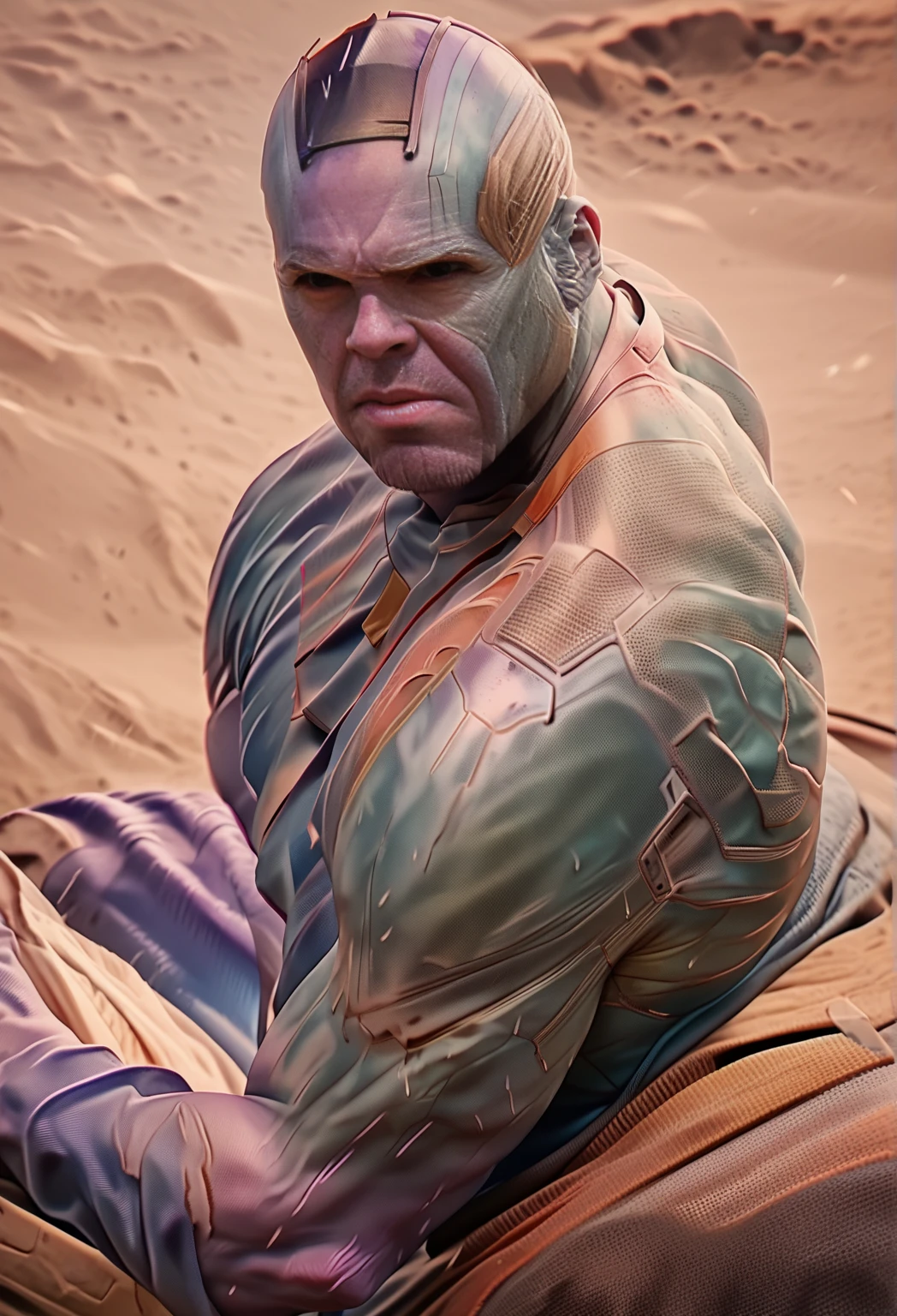 (anime), (illustration), cartoon, detailed, <lyco:drax:0.7> gotgdrax, watching viewer, perfect eyes, detailed, rutkovski, alien landscape, bioorganic structures, (closed eyes:1.25), <lora:LowRA:0.4>