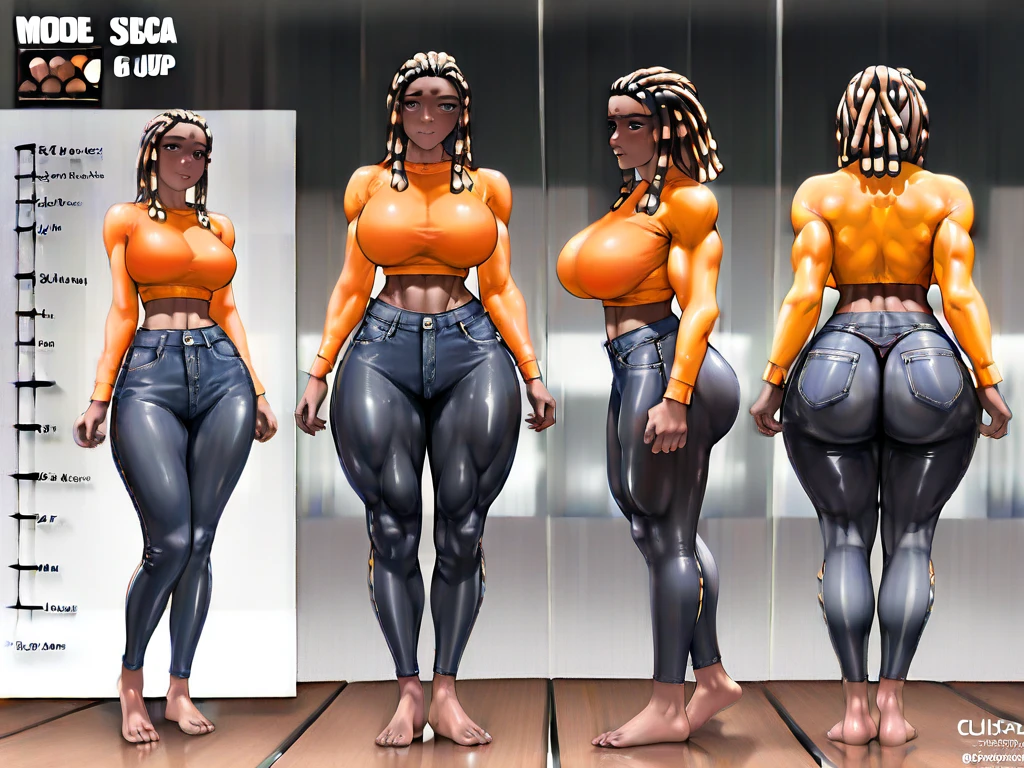 (((masterpiece))), (((best quality))), ((8k)), ((ultra-datailed)), (dark skin human woman :1.3), (big covered breasts 1.3), (full body, same character, front, side, back :1.4), (black afro hair 1.3), (tatto on body :1.2), (piercing on nipples), (using short clothes, jeans jacktet, showing belly button), red eyes, distracted, (muscular 1.1), (gold accessory 1.2), six pack abs, three views, front view, back view, side view