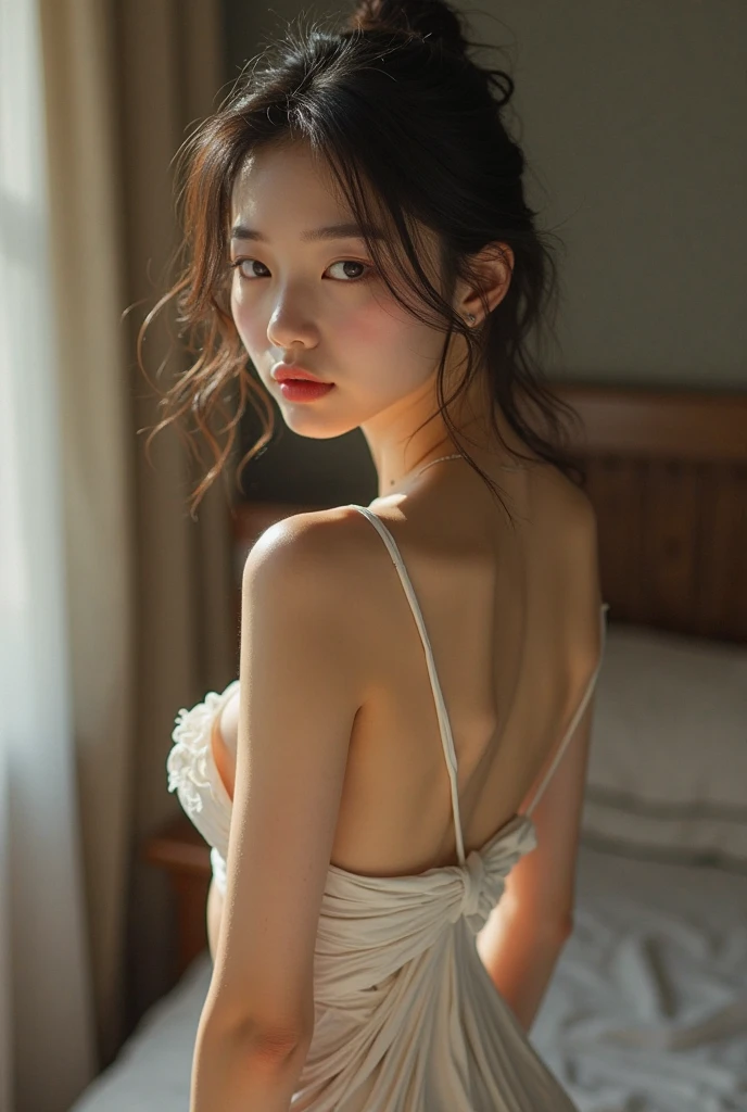 masterpiece, 1 beautiful girl, Delicate eyes, 、Purebred face_v1, Top quality, Ultra high resolution, (Reality: 1.4), light, Japanese, Asian Beauty, Korean, very beautiful, Beautiful skin, slim, Body facing forward, (超Reality), (high resolution), (8K), (Very detailed), ( Best Illustration Award), (精美Delicate eyes), (Very detailed), (wallpaper), Delicate face, 明亮的light, Professional lighting, Looking at the audience, Face straight ahead, White backless see-through dress,big nipples, 46 points side bangs,