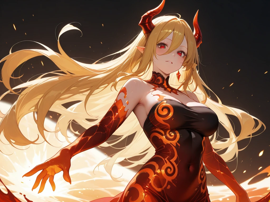 Blonde flat-chested girl,Demon King,gold gemstone crown,red paw,red dragon tail,red thong,Standing,Red rose