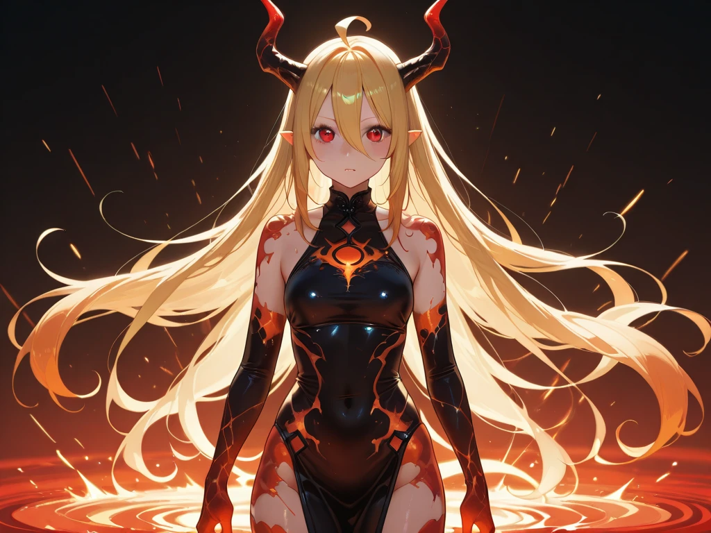 Carefully draw the face　5 year old girl　High-quality faces in anime style　a blond　Shiny black full body suit　Red lines all over the body　seductiv　a smile　Morrigan Aensland　Sit up　Rear view