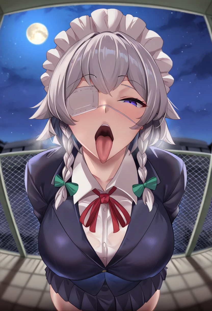 nsfw, woman, (Bunny ears), open mouth, Showing tongue, Glasses, Small breasts, (nun), long hair, black hair, open legs, showing vagina, Rainy, (man, penis), (sex, woman on top)