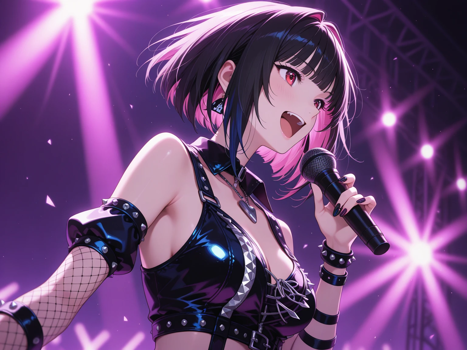 (kinako_(shiratama_mochi) style, ((topless)), nsfw, masterpiece, 1 girl, solo, erect nipples, sweaty, wet body, hair ornaments, intricately detailed, navel, latex shorts, fishnet leggings, multicolored hair, black hair, pink, live band, live perfornance, idol, live stage, spotlight, stage light, extremely detailed, bare breasts, puffy nipples, purple eyes, vtuber, bare stomach, sweaty, medium breasts, arm strap, cowboy shot, microphone, singing, open mouth, short hair, cg masterpiece, cowboy shot, smiling