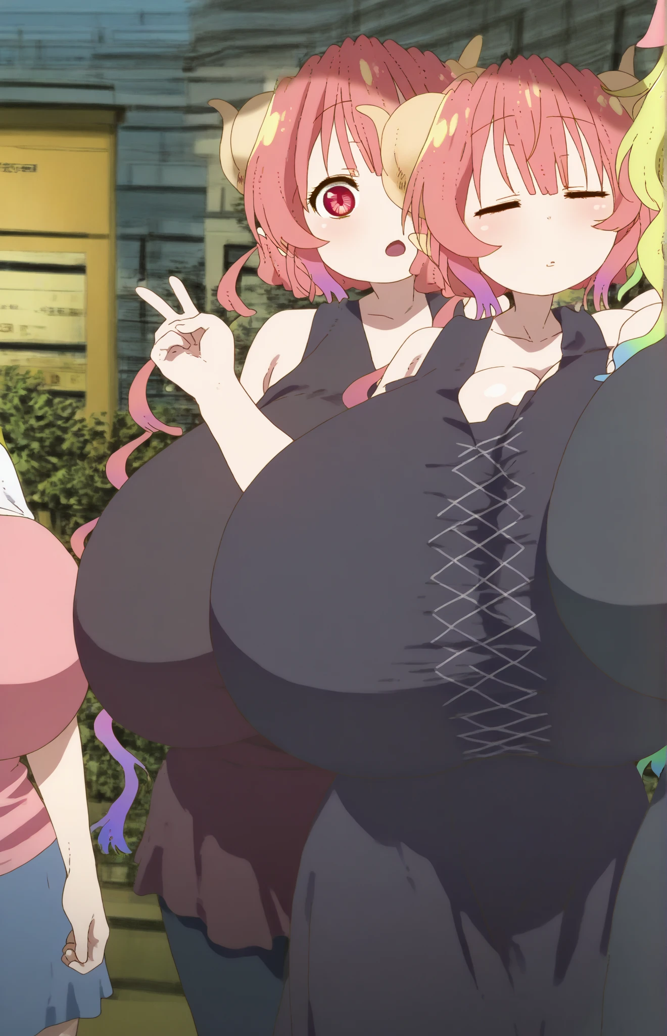 smile, Pencil_Dress, pink eyes, green hair, wide hips, gigantic breasts, cityscape, gigantic breasts, breasts out of dress, no bra, Pervertedly, shy, short green hair, stoplight, traffic, short height