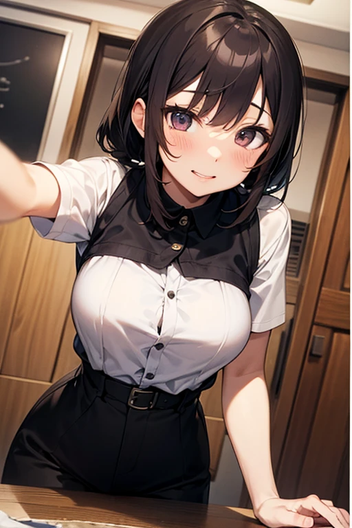(masterpiece:1.4、top-quality、illustration:1.4,realistic、)、(character focus、breast focus,cowboy shot:1.3)、(1girl),(Open mouth happy smile:1.3),(half closed eyes),cute face,blue eyes、()、
,(stand:1.4),(Shining smile),
,(slender),(sexy
clothes:1.3),(black short hair hair:1.6,forehead:1.3),(braid:1.3), (medium breasts:1.3)、
、slender、