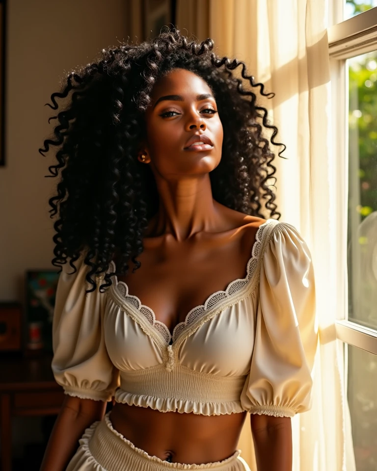 A brief moment of calm, beautiful black girl with colossal breasts and cinnamon skintone, dark skin, neutral color lace clothing against the vibrant colors of a wall tapestry. Portrait shot with peach and cyan lighting , detailed intricate , in the style of James Jean and Thomas Kincaid , chiaroscuro, wabi sabi art style , obscura, beautiful, masterpiece, behance winning, oil painting, romanticism