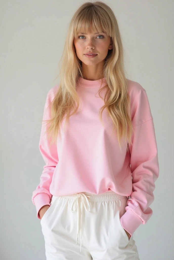 1 girl named Jocelyn, german, blonde, shy shy, wearing long-sleeved pink sweeter shorts and short gray shorts made of thin fabric that fits perfectly on her beautiful body curves, She is standing against a wall in the bedroom, the sunlight comes in through the window and reflects a glow in her light brown eyes, the symmetry of your face is perfect and delicate, showing the deep details of your skin, her beautiful medium and blonde hair is cut in a slightly messy layered style over her eyes, her body is perfect, cintura fina e quadril largo com a perfect symmetry, thick thighs and round ass, beautiful medium breasts, perfect hands with all perfect fingers, she turns out to be a beautiful woman, full body view, ultra-realistic image, perfect symmetry, vibrant and clear, dynamic view, high level of detail and definition, 1200 PPI - Photographic resolution with greater color realism, hyper realist, high fidelity, cinematic, 8K UHD image resolution.