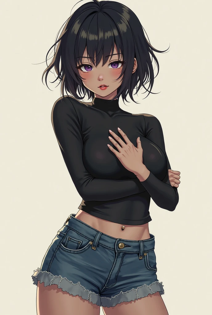 masterpiece, high quality, best quality, 1girl, short black hair, green eyes, medium breasts, black tied shirt, plaid mini skirt, black thong, sweatshirt, stockings, skull hair clip, makeup, blush, goth