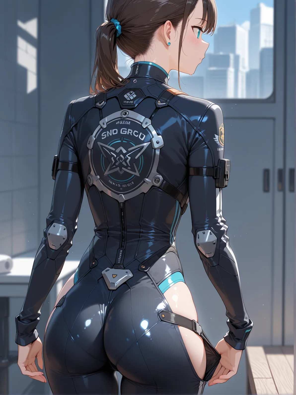 nsfw:1.3、woman wearing a mecha suit、Big Ass、Round ass、Show your ass、Detailed eyes、Detailed face