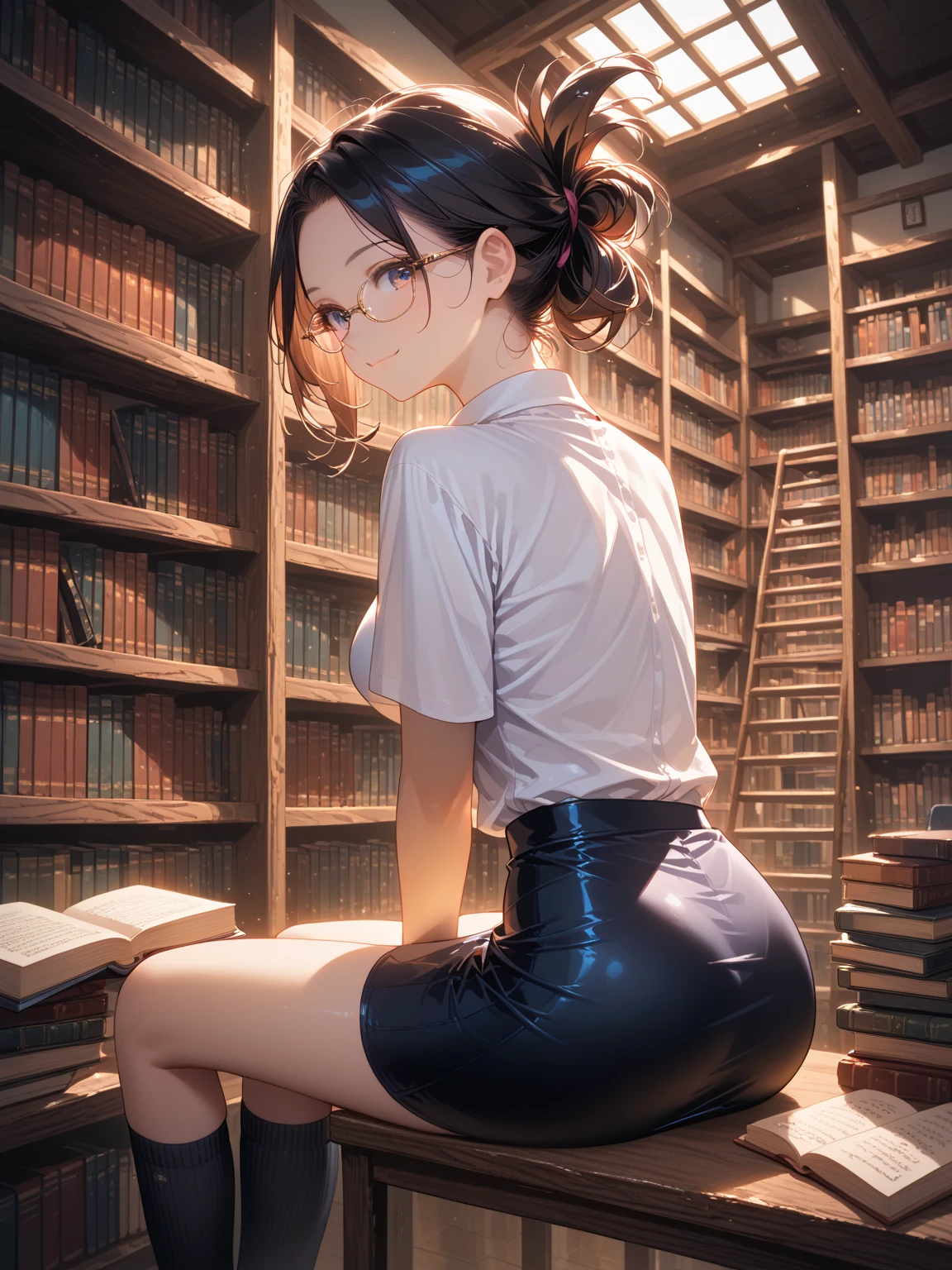 splease draw me some sexy cool uppercasee letters dressed with knit、mini skirt、beautiful mature woman、ponytail、buttocks emphasis on dancing on the table in an old bookstore, use 4k, hdr and everything in best quality with highest details.