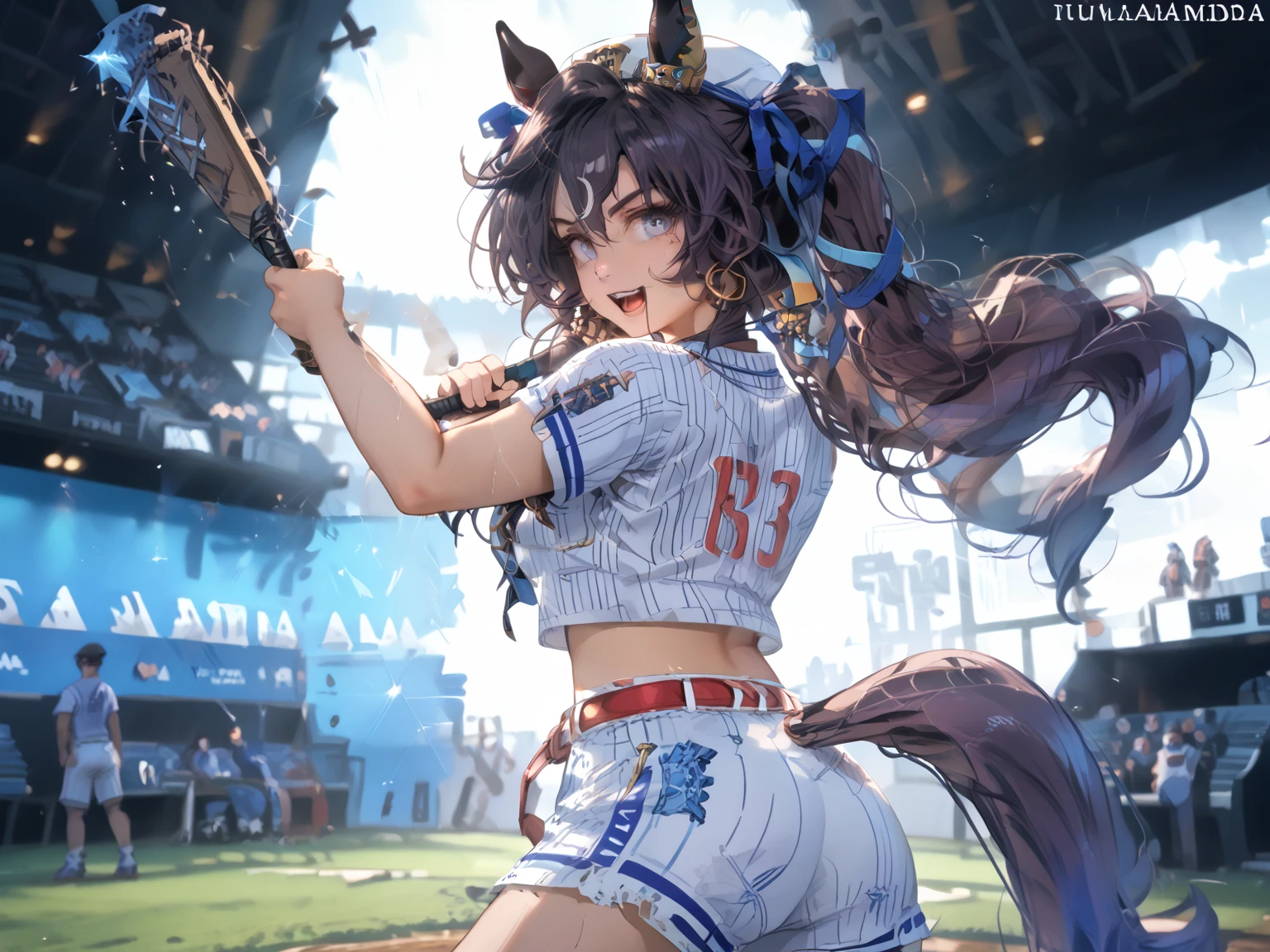 masterpiece, best quality,  1girl,  <lora:baseball_uniform:0.6>inside_stadium, solo, animal ears, skirt, brown hair, smile,   ponytail, make a fist,bend your wrist,fox dance