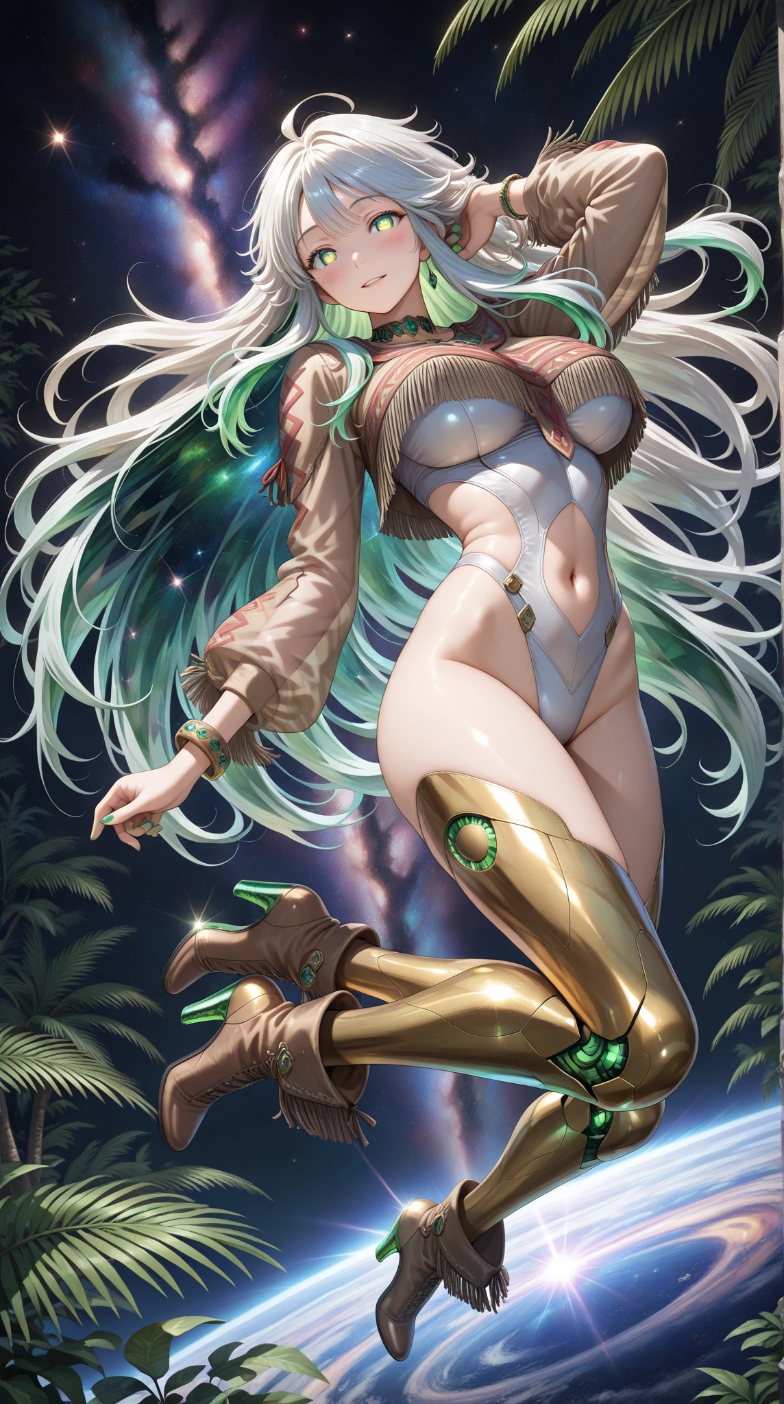 A demon girl with long green hair and a black tiger print bikini、Spaceman、And wearing black tiger print long boots、Flying in the sky