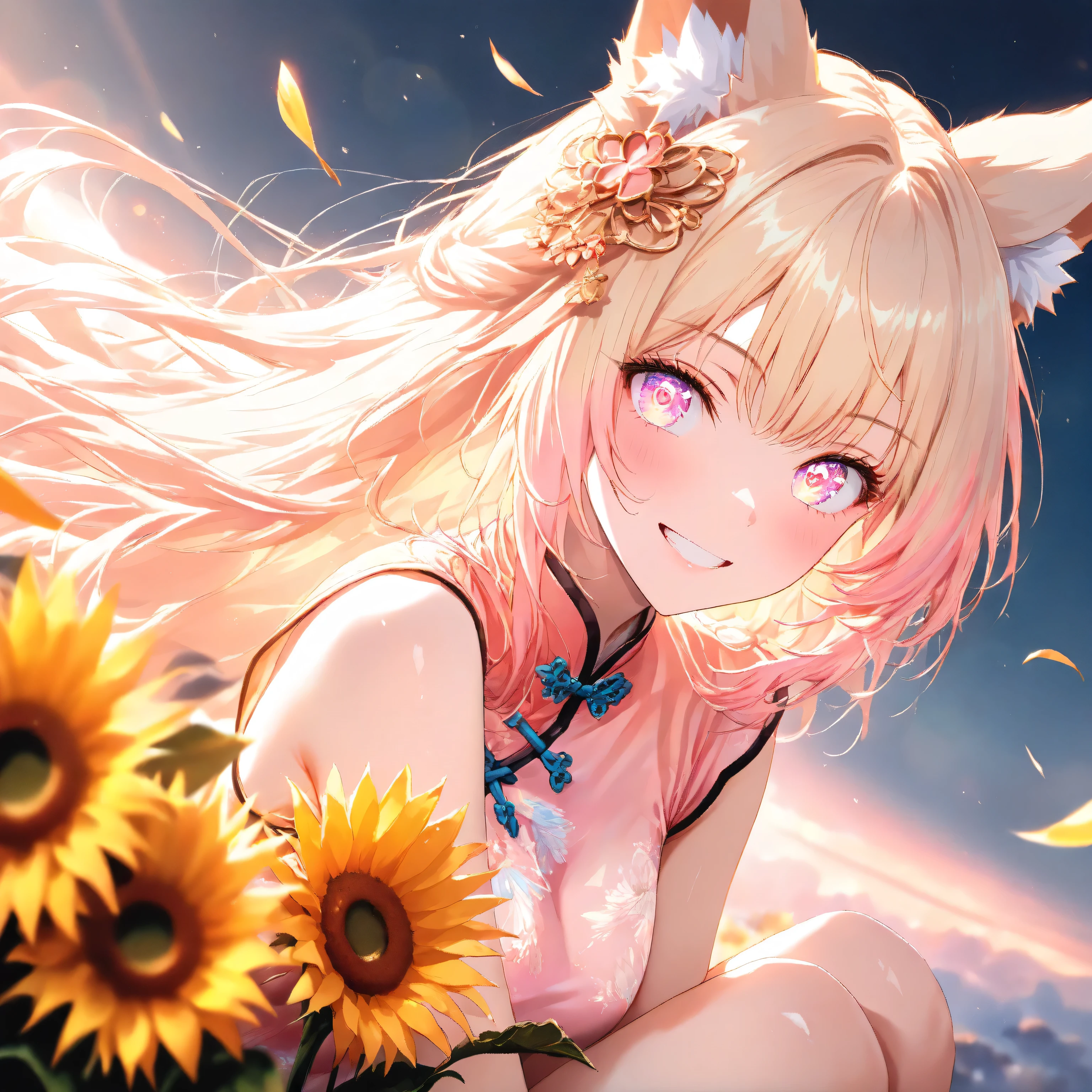Quality: 
(high score), (masterpiece, detailed:1.2), (ultra-detailed), (ultra-quality), (super-resolution),

Art Style: 
(photorealistic):1.4, (2.5D):1.5, (golden hour lighting):1.6, (warm cinematic lighting):1.5, (volumetric light rays):1.4, ray tracing, depth of field, (vibrant sunset pastel palette):1.3, dramatic angle, (ethereal atmosphere):1.2, (dreamy aesthetic):1.1

Subject: (close up),(head shot), 
(Breathtaking fox Woman):1.5,(Sassy pose):1.2,(triumphant-grin):1.4,(determined expression), (delicate fox ears):1.3,(delicate fox tail):1.3,
(delicate vivid eyes),(delicate and moisturized lips),(smooth and Slender body lines):1.3, (translucent and moisturized skin), (graceful knee lines), (natural and beautiful leg lines), (delicate body contours),
(blonde hair with Soft Light):1.2, (fox hair):1.2 ,shimmering with digital light, meticulously detailed strands of hair, silky smooth texture, flowing like it flutters in the wind, natural shading and highlights

Outfit:
(A fitted Chinese dress):1.5,(Pastel lavender and pink gradient Chinese dress): 1.7, (Chinese dress with deep slits on the legs):1.6, (Chinese dress with pastel floral): 1.6,(Pastel pink floral hair ornament):1.4,(Chinese dress from which the fox tail emerges):1.2,
(Chinese shoes):1.2 

Background : 
(Sunset gradient sky):1.5, (warm orange to golden yellow gradient), (soft pastel colors), (field of sunflowers in the foreground):1.4, (sunflowers facing the sunset), (detailed sunflower petals and stems), (bokeh effect on sunflowers):1.3, (shallow depth of field), (distant rolling hills):1.2, (softly blurred background), (golden hour lighting):1.6, (warm and soft light), (lens flare), (subtle rays of sunlight):1.1, (dust particles in the air),
(iridescent butterfly (soft glowing trails left by butterflies)