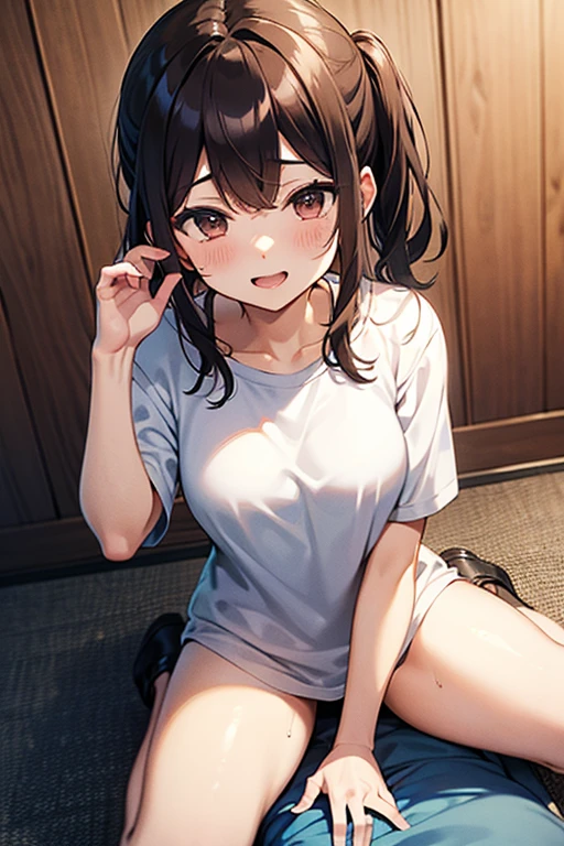 (Ultra-high resolution of the highest quality, masutepiece, Best Quality, 8K, Super Detail, Best Quality:1.3), (Anatomically correct:1.2), (1 girl:1.2), (junior high school student:1.6), (middle breasts:1.2), (drooping eyes:1.3), (blush cheek, blush body:1.3), (wavy hair, braid hair:1.2), (long hair:1.2), (black hair:1.2), (cat ear band:1.4), (glasses:1.3), (collar:1.3), (printed t-shirt, skirt:1.6), (girl's own room:1.4), front view, Extremely cute, (extremely detailed beautiful face), Authentic skin texture, beautiful hair, beautiful face, beautiful eyes, beautiful body, beautiful hands, (sexual aroused, naughty face, seductive smile, trance, orgasm:1.8), (steam:1.4), (sweat:1.6), (hair over eyes:1.3), (looking up:1.3), (open mouth:1.4), (face focus:1.6), cleavage breasts focus, (from above:1.4), (all fours:1.6)
