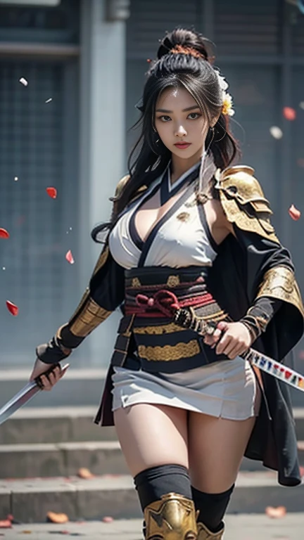 arafed woman in a costume holding a sword and a sword, she is holding a katana sword, very beautiful cyberpunk samurai, female samurai, wearing kimono armor, ornate korean polearm behind her, she is holding a sword, holding a sword on her shoulder, wearing kimono armour, dressed in samurai armour, portrait shot, samurai outfit, ornate cosplay, sexy look, big breast, sexy pose, show breast, light red hair