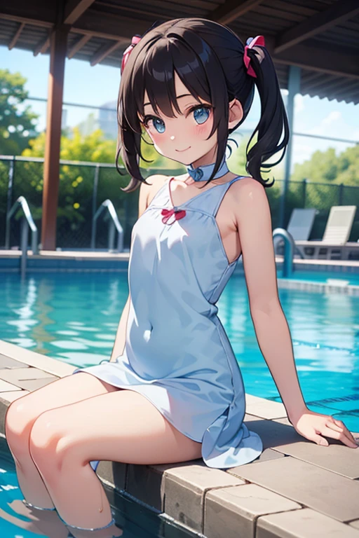 realistically, 1 girl, ponytail, brown eyes, glowing eyes, white short skirt, Blush, daytime, sun light, Strapless, Wet from the rain, Seethrough, Sit with your knees raised., crotch, nipples, smile, concert stage, Seethrough panty, armpit