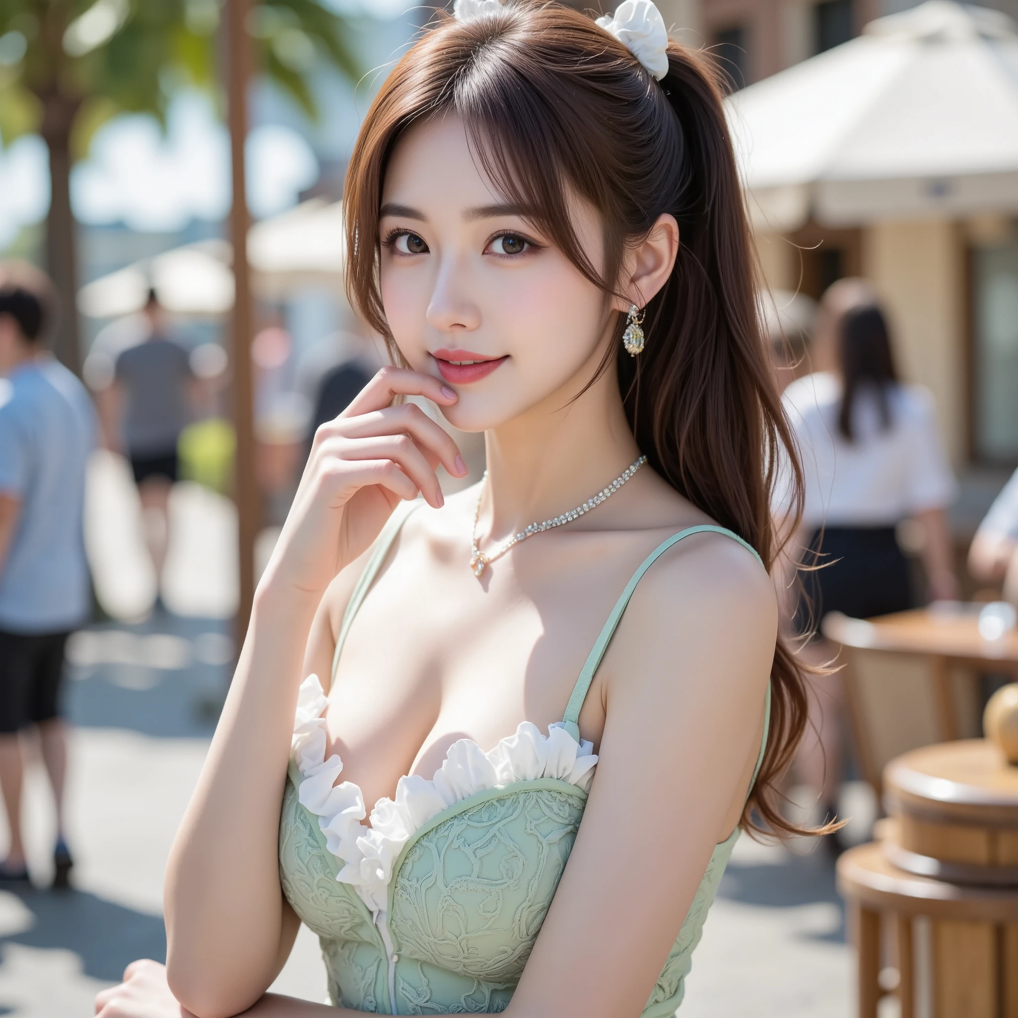 ((Best quality, 8K, masterpiece:1.3)),1girl,18 years old,Asian,Real texture:1.3,(Background blur:1.1),Gorgeous long dress,Tall and slender figure:1.2,(Hot summer weather),(street:1.3),Highly detailed face and skin textures,Exquisite eyes,Long eyelashes,Double eyelids,Skin Whitening,happy,Various postures,Big breasts