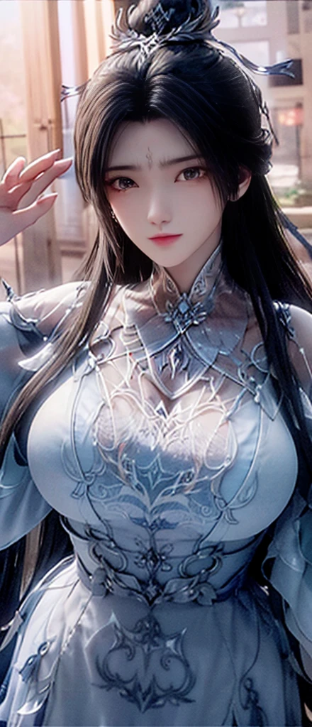 best quality, masterpiece, Big boobs, (Large Breasts), Delicate skin texture, Detailed fabric texture, Delicate face, Super Detail, 8K, Intricate details, 1 Girl, 18 years old, High contrast, High resolution eyes, black haired goddess,Royal sister,Sexy,White silk long legs。