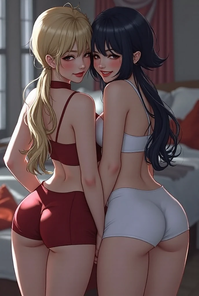 (best quality, masterpiece:1.2), 2 girls, hugging and kissing each other, (medium breasts:1.4), big butt, beautiful breasts, ecchi girl, sexy girl, cute girl, slim girls, long hair, beautiful eyes, deep blue eyes, bikini, thicc thighs, high socks, stockings
