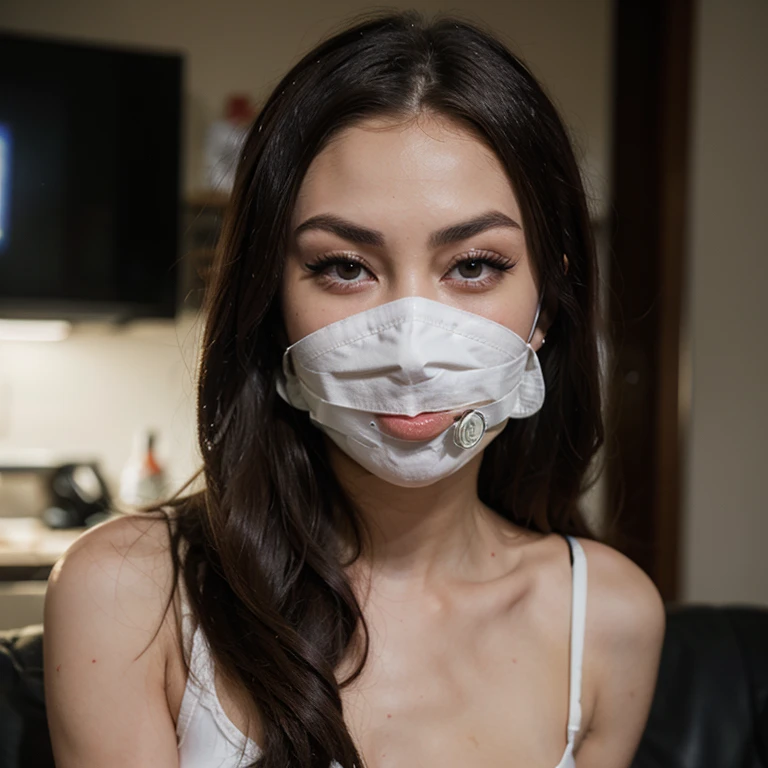 korean girl, (behind corpse, corpse has very big saggy breasts:1.4, ), blood splatter, holding knife, stabbing, black gloves, room full of blood, nurses outfit, surgical mask, pretty eyes, long lashes, hair tied up, hair clips, holding knife, black gloves, behind corpse, short hair, night, mass murderer, robbery, in the hospital, unzipped