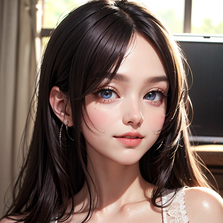 (((best quality))),1 female,Cool Beauty,slender face,thin eyebrows,Black Hair,Brown eyes,medium hair,straight hair,looking at viewer,bedroom,medium chest,20th Generation,No pubic hair,Height: 165cm,full body,Pink underwear,Cool Beauty,
