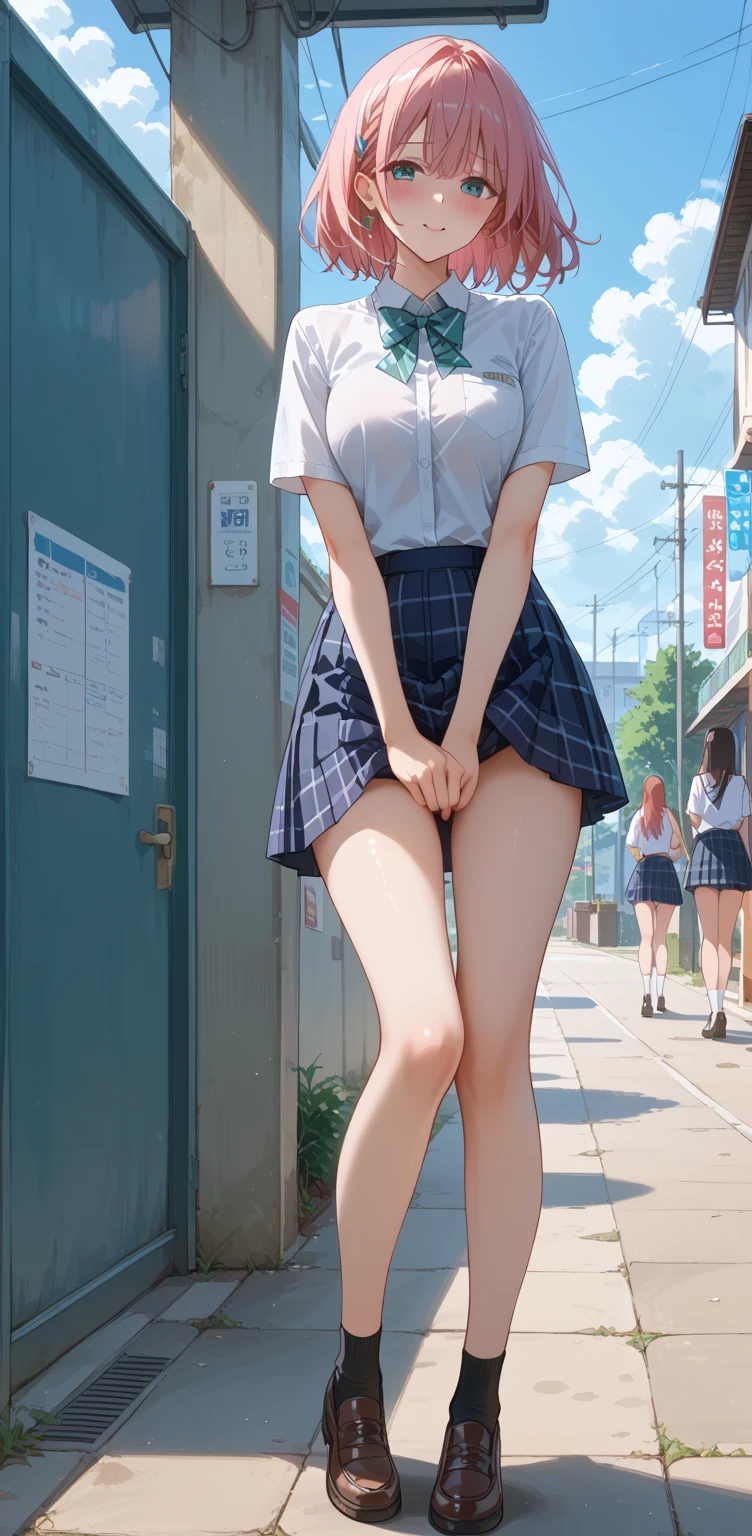 girl, Sweat, vapor, Center of chest, shy, Great hands, Looking at the audience, Cute Smile