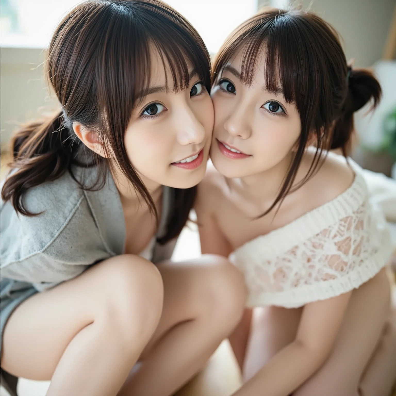 (Highest quality、masterpiece:1.2)、Highest quality、Realistic、photograph、High resolution、1080P、、Physical Rendering、((Two Japanese young teenagers are enjoying Lesbian sex))、、cute、(nude)、Pussy、(Lesbian)、small 、spreading Pussy