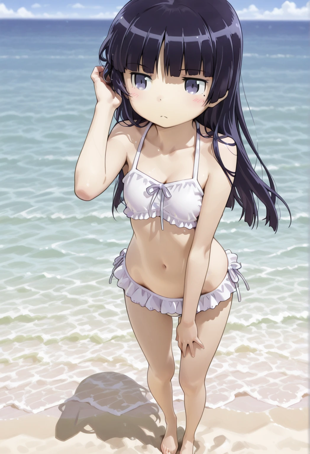 (masterpiece, 4K, Highest quality, anime style: 1.9, Detailed face, Lovely, Ocean,bold, High resolution, anime, Lake 4. alone, Curvaceous, smile, Please open your mouth wide, Very slim belly, Cowboy Shot, Cow print micro bikini,1 Girl, Sagisawa Fumika Sagisawa Fumika.Black Hair,hair band,(Sit down and open your legs,M-shaped legs)
