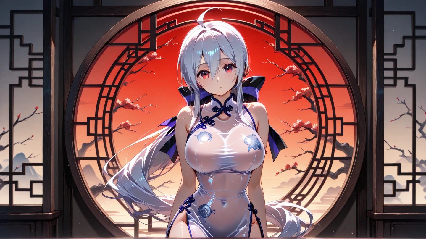 an adult anime-style girl named Tomoe Gozen (to know) showing a friendly smile ,presents an impressive and powerful appearance. It is 2 kilometers high, she holds a galaxy with her hand, showing her great multiversal power she is sitting on a planet measuring the cosmos, she has nothing on her head. She wears swimwear decorated with traditional Japanese light blue motifs on the left and red on the right with gold details that give it a distinctive touch.. His grayish albino hair is tied up in an elaborate hairstyle that complements his warrior appearance.. She has huge O cup breasts. His reddish eyes shine with determination and strength., showing his indomitable spirit in combat. He holds 2 swords, one sword is covered in red fire and the other sword is covered in blue fire and both swords are displayed in a fighting style.