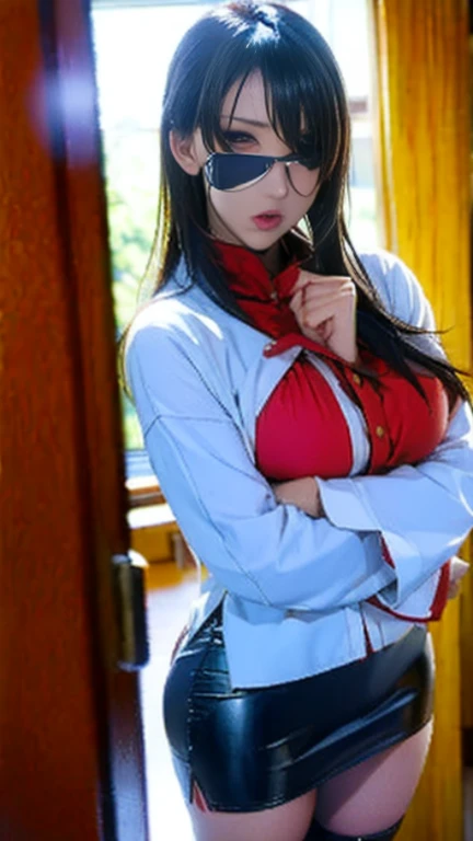 NSFW,((shibari),(completely tied up)))((pillory),restrained,((highest quality, 8K, masterpiece: 1.3))), sharp focus: 1.2, beautiful woman with perfect figure: 1.4, Wearing glasses, thin abs: 1.2, ((layer cut, big: 1.2)), Highly detailed face and skin texture, fine eyes, double eyelid, beautiful long black hair ,bondage,slave,Red Bondage, expression of agony, very big breasts, Taken at the best angle