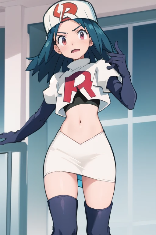 masterpiece,best quality,high res,high quality,8k, masterpiece,highres, team rocket uniform, red letter r, white skirt,white crop top,black thigh-high boots, black elbow gloves, glaring angrily, looking down at viewer, hands on hips, cowboy shot, zettai ryouiki,spread legs,from below, black panties,anime style, vivid colors, sharp focus, intense lighting,Tio Plato,yellow eyes,aqua hair,long hair