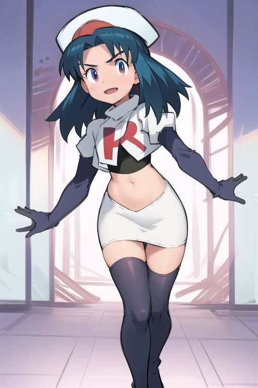 masterpiece, highly detailed, 1girl, utsutsu, green hair, green eyes, team rocket,team rocket uniform,white skirt,red letter R,crop top,black thigh-highs,black elbow gloves