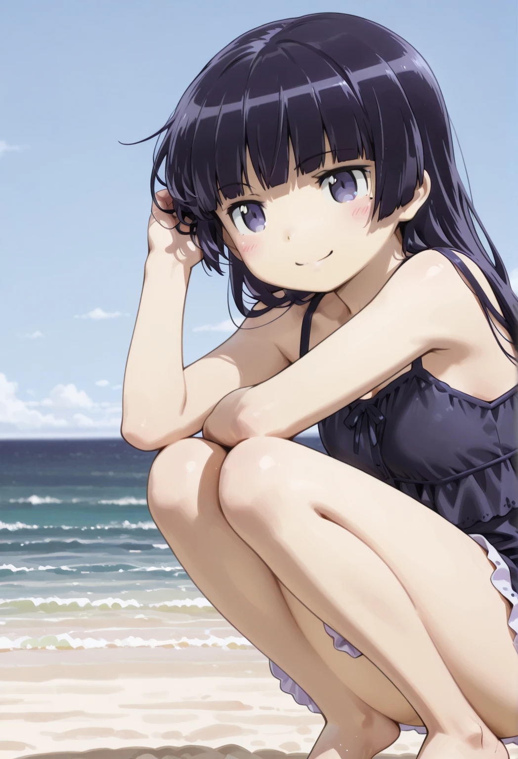 full body, 1girl, cleavage, large breasts, nsfw, open clothes, evil smile, detailed face, black hair, black eyes, sandals, bare legs, black swimsuit, beach, detailed face, sandals, bare legs, beach, highres,