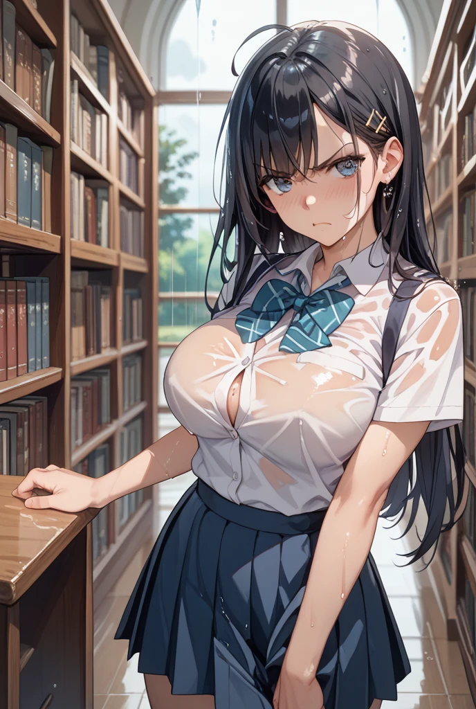masterpiece, best quality, ultra-detailed, illustration, an extremely delicate and beautiful,high resolution, ultra-detailed,,perfect face,slender perfect body, Tight belly,Toned buttocks,Constricted waist,,(school uniform:1.7),(in library:1.3),10yo,child,glasses,(girl read a book:1.5),(brown hair:1.2),(very short hair),(braided hair),(smile),(shirt comes off:1.5),(very long hair), shy daughter, short stature,(large breasts),( sweaty skin:1.2),(front view:1.5),white panties,(show off panties),(spread legs)