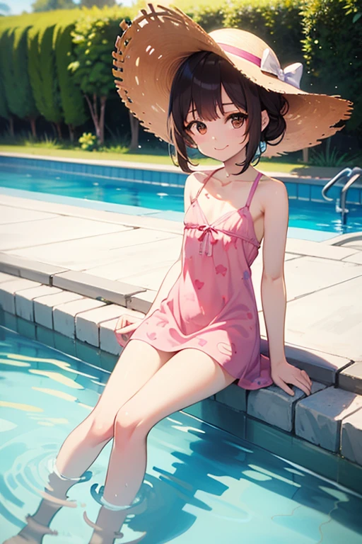 A girl lying face down by the pool is attacked by multiple men and her clothes are torn. )}}}, {{{Best quality}}}, {{Very detailed}}, {Illustration}, {{Very delicate and beautiful}}, ((Poolside)), Wearing a straw hat , white dress) ), (sex between men and women), NSFW, semen, love juice, girl (5 years old, bare feet), small breasts, round face, girl, (baby face: 1.25), (baby face: 1.2), short legs, crying face , drool, urination, pudding, anal juice,
