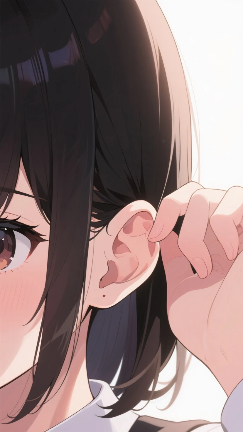 1 woman, profile, blushing, shy, hiding her face behind one hand, long black hair, lab coat, gold eyes, large chest.