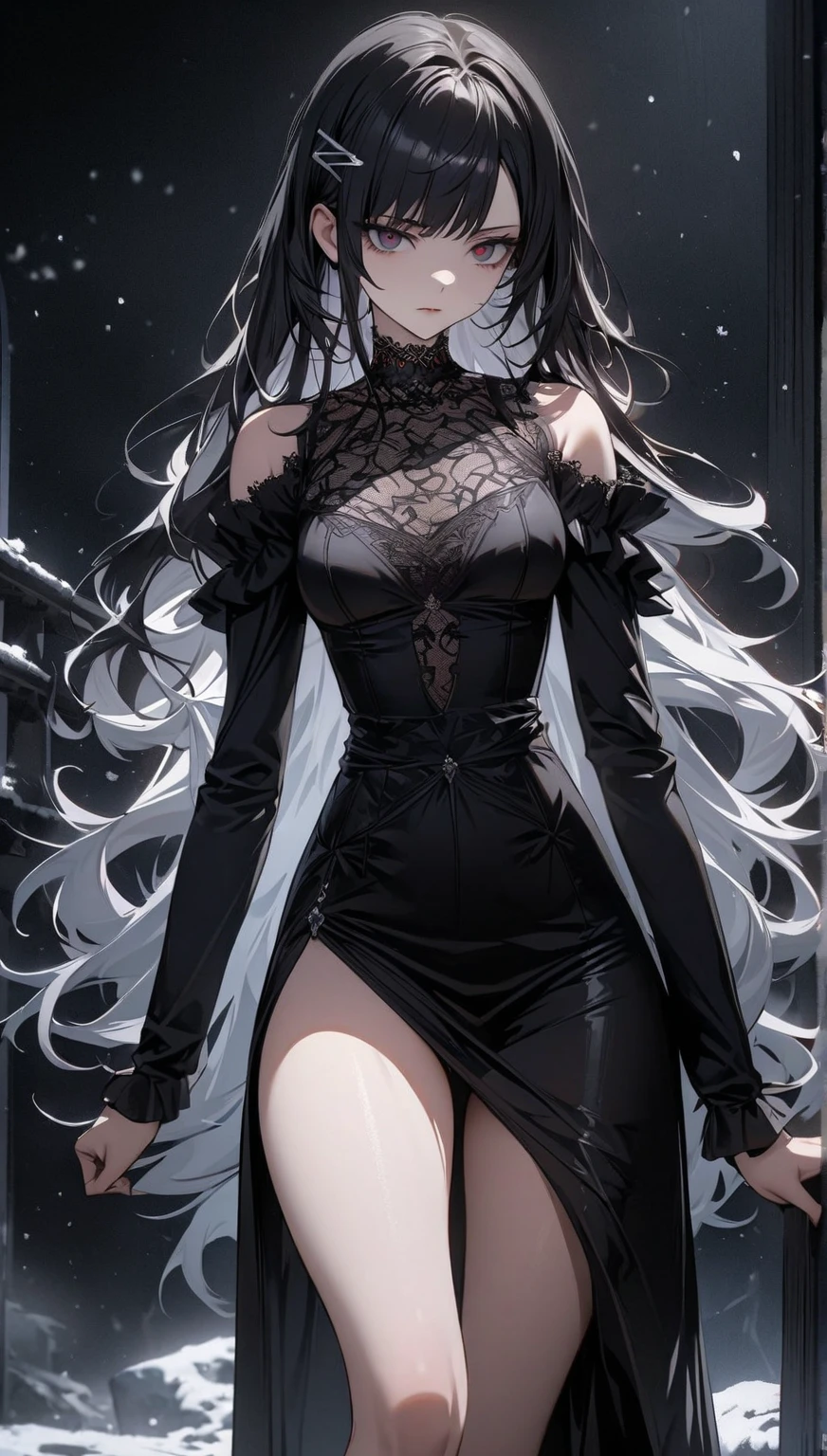 city, street, outdoor, depth of field, silver eyes, hair above one eye, (hair accessory), chest, high heels, long hair, (black silk), high detail, chiaroscuro, cinematic lighting, chromatic aberration, ray tracing, drop shadow, anaglyph, stereogram, vignetting, close-up, image fill, masterpiece, ccurate, anatomically correct, super detail, high details, high quality, best quality, highres, 4K, facial detail