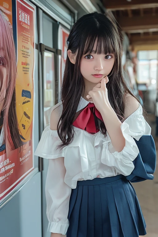 detailed,8k, detailed shadow, looking at viewer, white shirt, short sleeve, plaid, skirt, plaid skirt, handbag, blurry background , (masterpiece,best quality), ,(arms_behind_back), black eyes, cute expression,