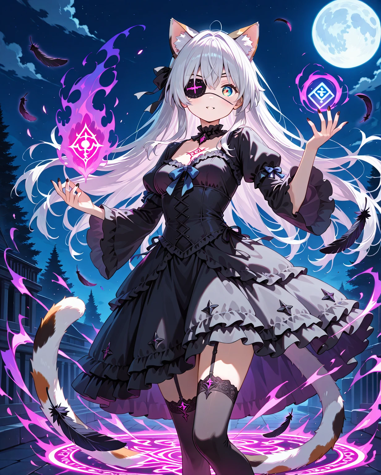 Wolfhair、head phone、animesque、Anime Drawing、white hair、odd eye、Full body painting、Purple eye、Vibrant colors
