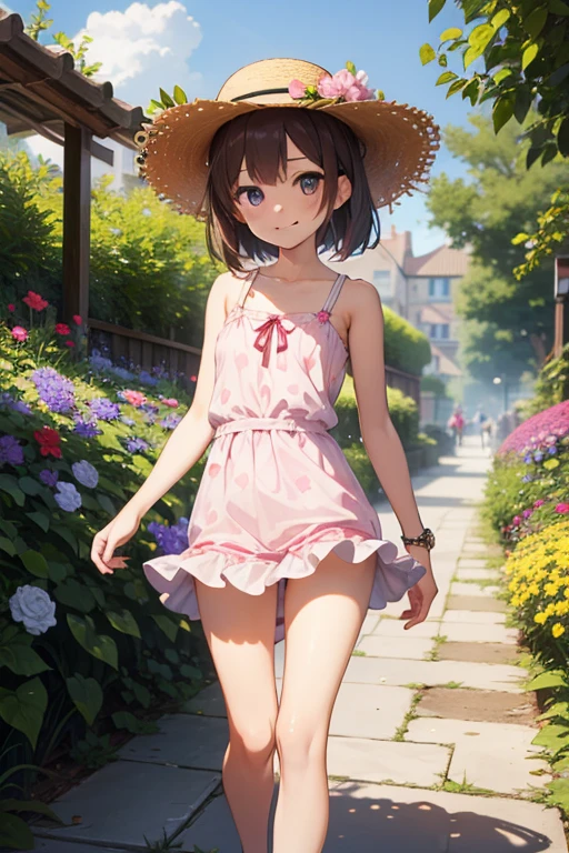 masterpiece, Highest quality, Nico_Yazawa,High resolution, 1 Girl, alone, Brown Hair, , Twin tails、Purple eyes, Cowboy Shot, Ruffled Dress, , Pink too short dress, ((Cleavage))、(Beautiful thighs)、city, Outdoor, garden, ((Big and very cute child'Face:1.25))、Chibi Cute:1.5、Browsing Caution
