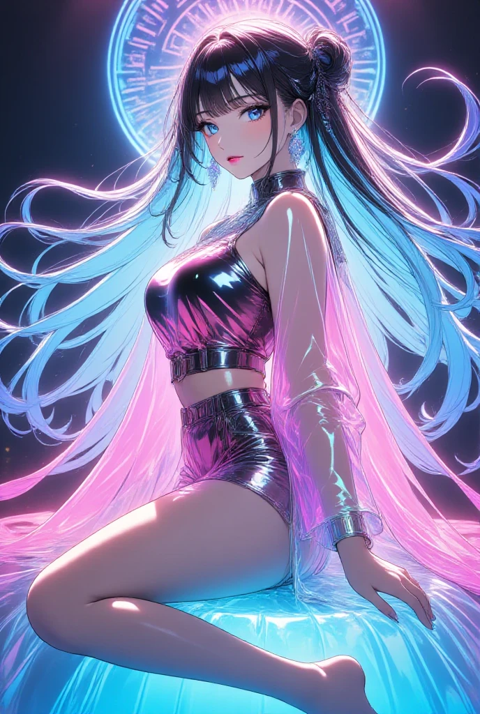 Girl with large thighs small waist and , detailed long black iridescent hair, detailed iridescent eyes, 8k, casual wear