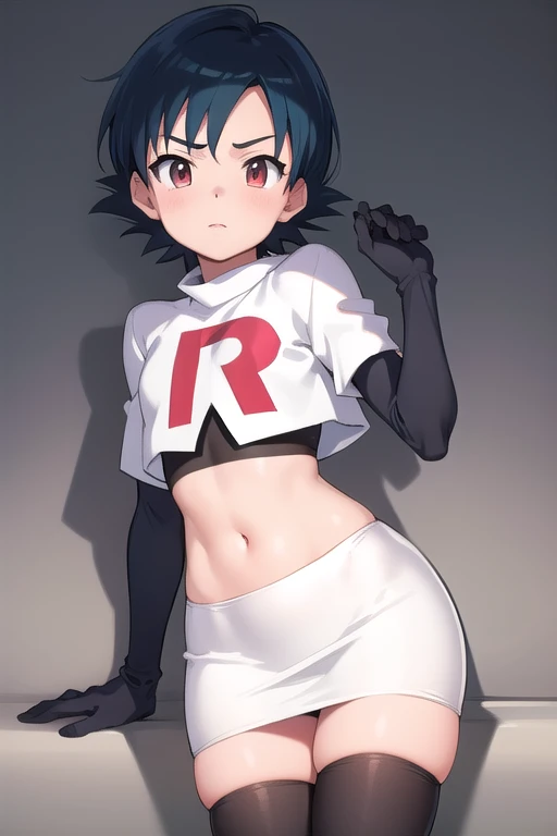 absurdres, cowboy shot, solo, male focus, trap, 1boy, crossdressing,1boy, oma kokichi, team rocket,team rocket uniform, red letter R, white skirt,white crop top,black thigh-highs,black elbow gloves, evil laugh, blush