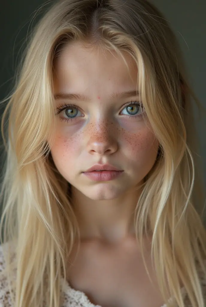 A 12 year old slightly freckled blonde bra girl