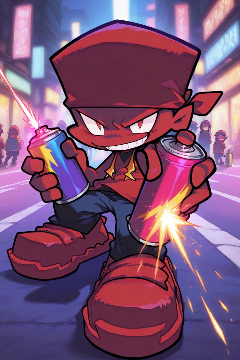 Darnell Friday Night Funkin, head bandana, tokyo night background, street, colorful lights. Beautiful lighting. Spray can in hand. Smirking